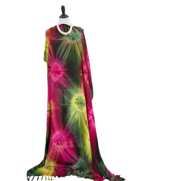 Pink Green Yellow Tye Dye MAXI SARONG Kīkepa Pareo Beach Wrap Skirt - Picture 2 of 4